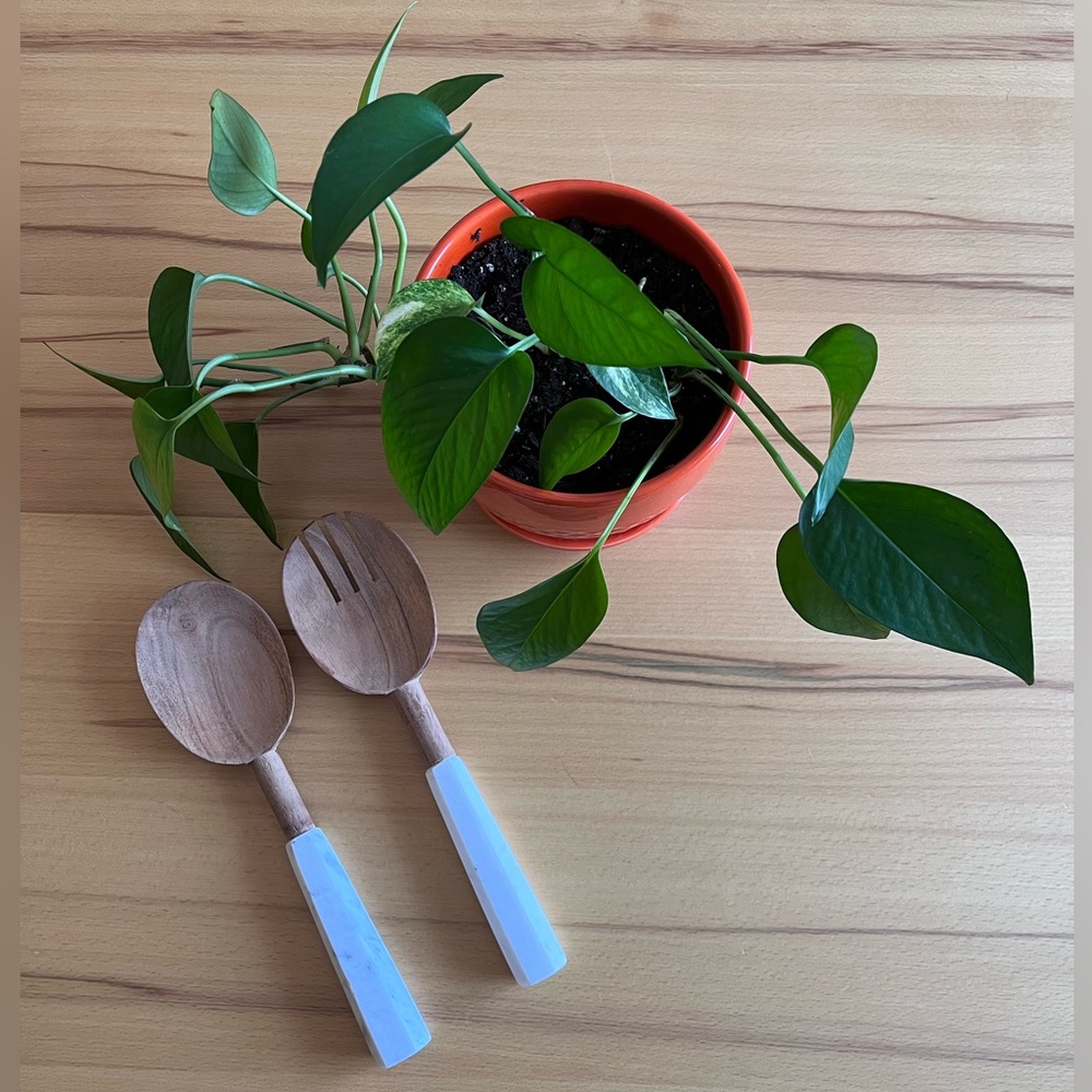 Crate & Barrel Wood and Marble Salad Servers